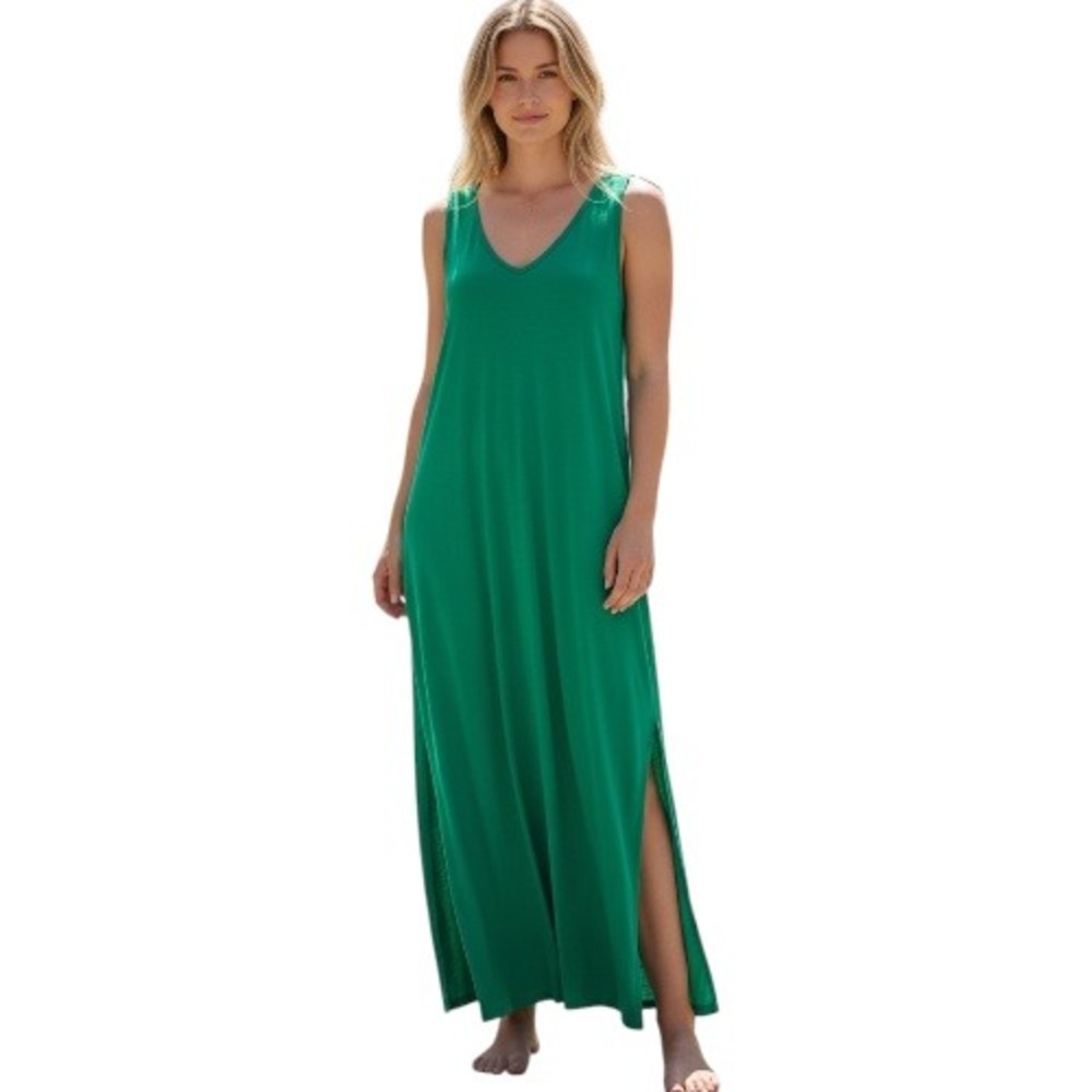 Natural‎ Life Kelly Green Dress V-Neck Sleeveless Slit Maxi Size M Pockets FLAW